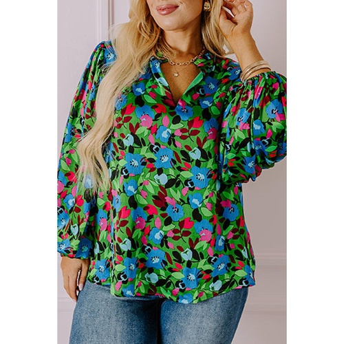 Green Plus Size Floral Bubble Sleeve V Neck Blouse - 1X - Main Image