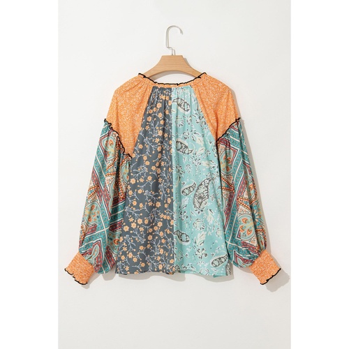 Green Floral Patchwork Lantern Sleeve Buttoned V Neck Plus Size Blouse - 2X - Main Image