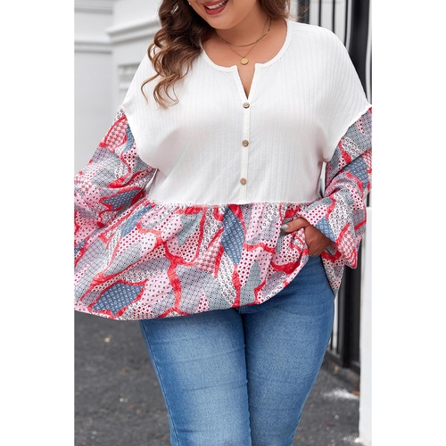 Apricot Plus Size Printed Patchwork Textured Buttoned Blouse - 1X - Main Image