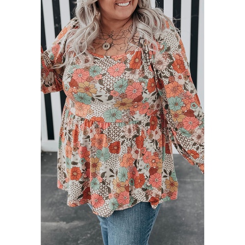 Khaki Plus Size Flower Print Square Neck Peplum Blouse - 1X - Main Image