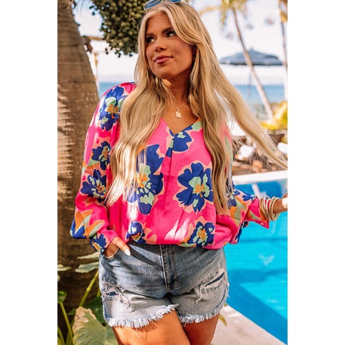 Rose Floral Pattern V Neck Balloon Sleeve Plus Size Blouse - 4X - Main Image