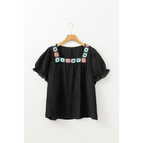 Black Floral Crochet Square Neck Ruffled Short Sleeve Flowy Plus Size Top - 1X - Main Image