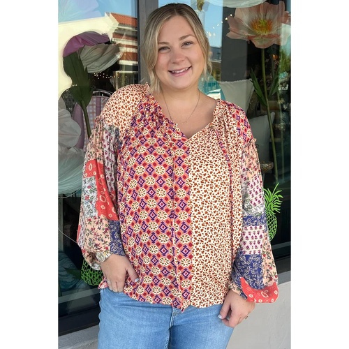 Orange Floral Geometric Patchwork Lace-up Crewneck Plus Size Blouse - 1X - Main Image