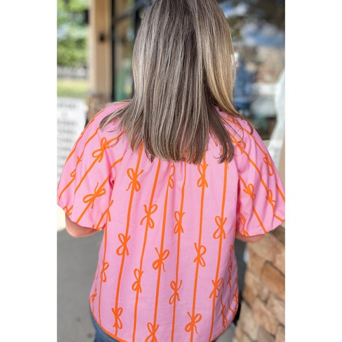 Rose Bowknot Print Shirred V Neck Puff Sleeve Plus Size Blouse - 2X - Main Image