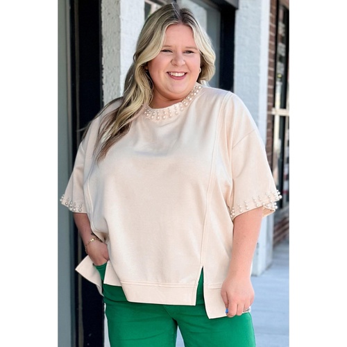 Beige Pearl Decor Crew Neck Half Sleeve Plus Size T Shirt - 4X - Main Image