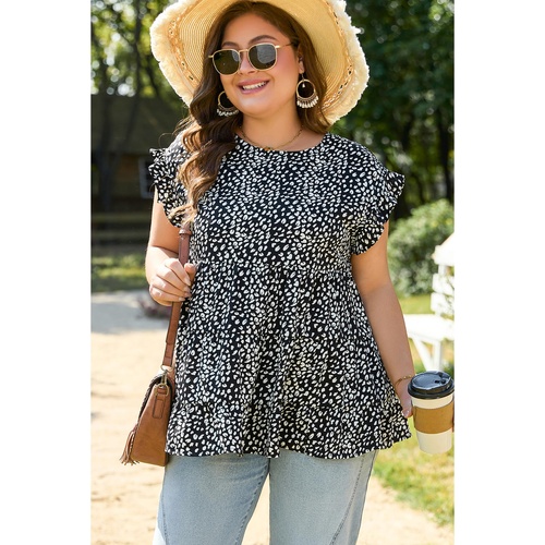 Black Leopard Print Ruffled Short Sleeve Keyhole Back Tiered Flowy Plus Size Blouse - 3X - Main Image
