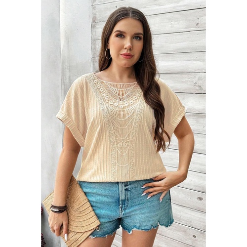 Beige Lace Crochet Patched Cable Textured Cuffed Short Sleeve Plus Size Top - 4X - Main Image