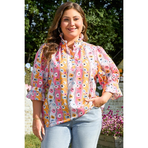 Pink Floral Ruffled Collar Bracelet Sleeve Plus Size Blouse Top - 1X - Main Image
