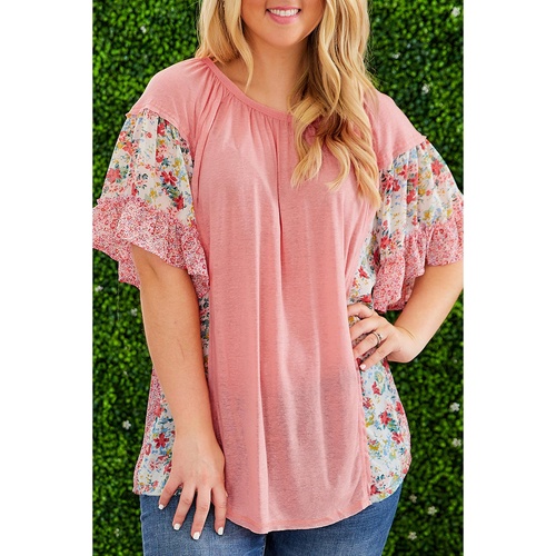 Pink Plus Size Floral Patchwork Ruffled Short Sleeve Blouse - 1X - Main Image