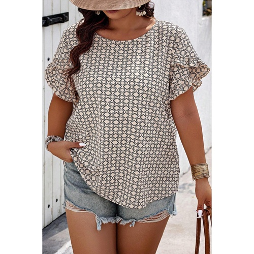Khaki Plus Size Geometric Print Ruffled Sleeve Blouse - 1X - Main Image