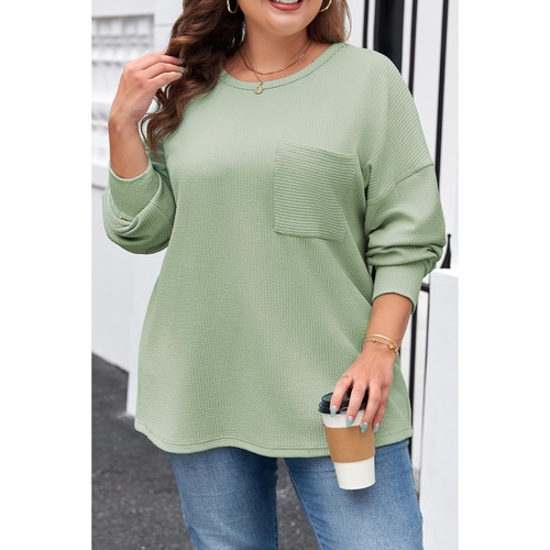 Clearly Aqua Plus Size Corded Knit Pocketed Crew Neck Top - 1X - Main Image