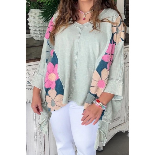 Green Plus Size Flower Patchwork Exposed Seam High Low Top - 1X - Main Image