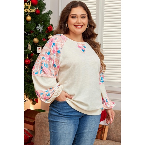 Apricot Plus Size Floral Patchwork Ribbed Puff Sleeve Top - 1X - Main Image
