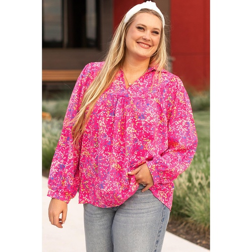 Purple Plus Size Floral Print Puff Sleeve V Neck Blouse - 1X - Main Image