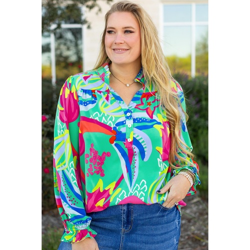 Green Abstract Printed Flounce Sleeve V Neck Buttoned Plus Size Blouse - 1X - Main Image