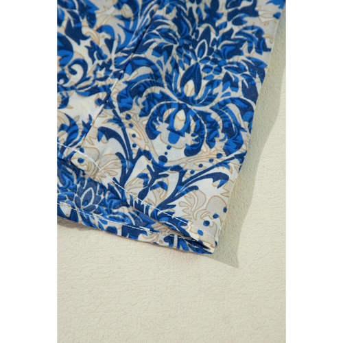 Blue Plus Size Ethnic Printed 3/4 Sleeve V Neck Loose Blouse - 2X - Main Image