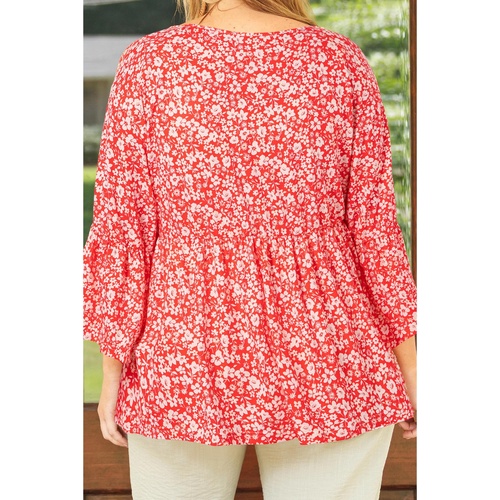 Red Plus Size Floral V Neck Flared Bracelet Sleeve Blouse - 1X - Main Image