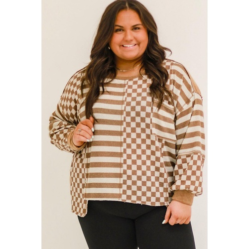 Khaki Striped Checkered Mixed Print Chest Pocket Casual Plus Size Top - 1X - Main Image