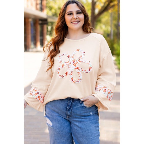 Beige Plus Size Flower Patched Side Slits Crewneck Top - 4X - Main Image