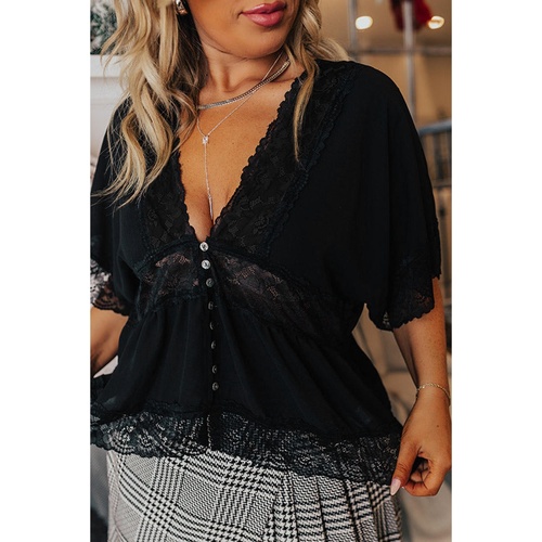Black Plus Size Lace Splicing Button V Neck Short Sleeve Top - 1X - Main Image