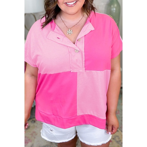 Bright Pink Colorblock Patchwork Short Sleeve Buttons Plus Size Henley Top - 4X - Main Image