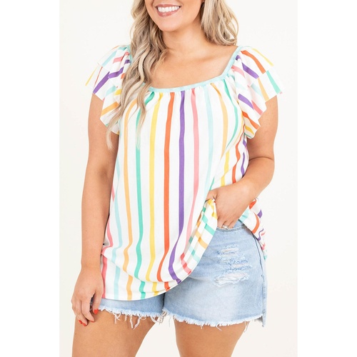 White Stripe Ruffled Sleeve Square Neck Plus Size Blouse - 1X - Main Image