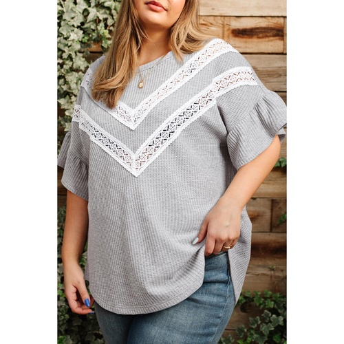 Light Grey Lace Insert Waffle Ruffle Short Sleeve Plus Size Top - 1X - Main Image