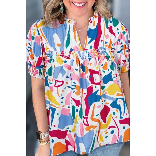 White Abstract Print Shirred Cuff Puff Sleeve Plus Size Blouse - 2X - Main Image