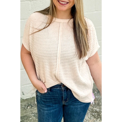 Beige Waffle Exposed Seam Detail Plus Size Short Sleeve Top - 1X - Main Image