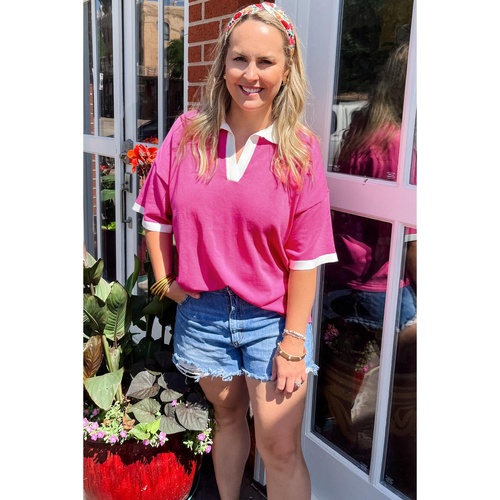 Pink Contrast Trim Collared Split Neck Short Sleeve Plus Size Top - 3X - Main Image