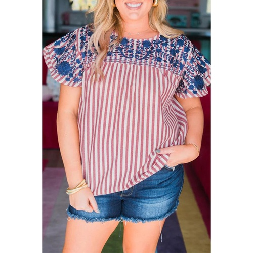 Red Stripe Plus Size Floral Embroidered Petal Sleeve Blouse - 4X - Main Image