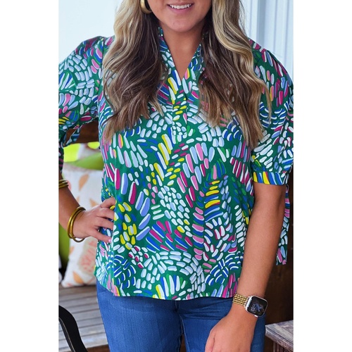 Green Abstract Print Knotted Short Sleeve Plus Size Blouse - 2X - Main Image