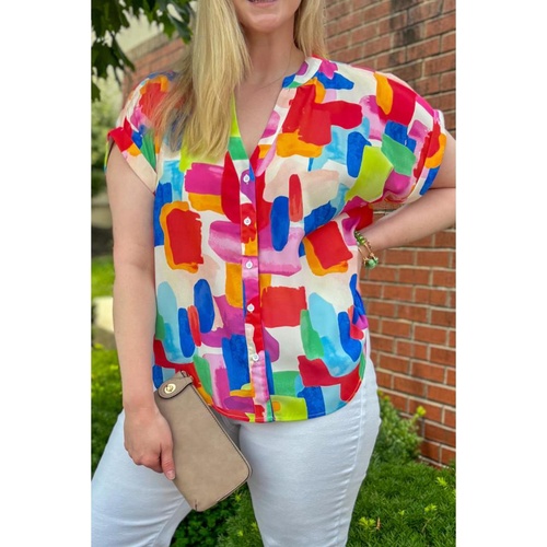 Colorful Brush Stroke Printed Plus Size Button Split Neck Blouse - 2X - Main Image