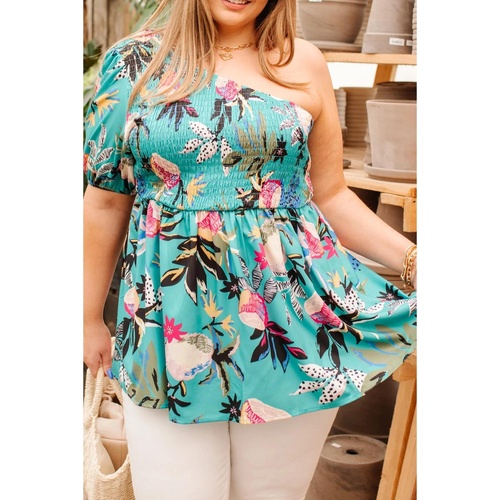 Green Plus Size Floral Smocked Bodice Single Puff Short Sleeve Babydoll Blouse - 4X - Main Image