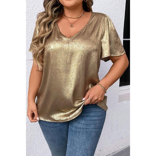 Gold Plus Size Metallic V Neck Short Sleeve Blouse - 1X - Main Image