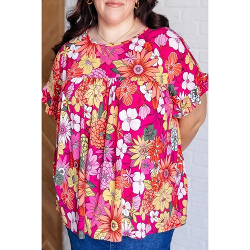 Rose Plus Size Floral Print Ruffle Short Sleeve Blouse - 1X - Main Image