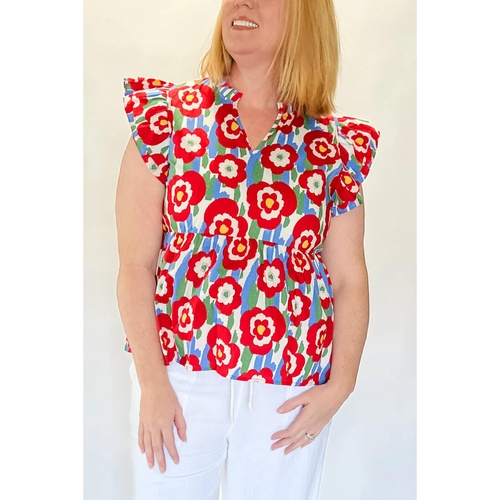 Red Plus Size Floral Print Ruffle Trim Split Neck Peplum Top - 1X - Main Image
