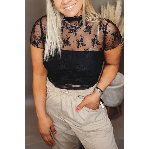Black Plus Size Sheer Lace Mesh Short Sleeve Top - 2X - Main Image