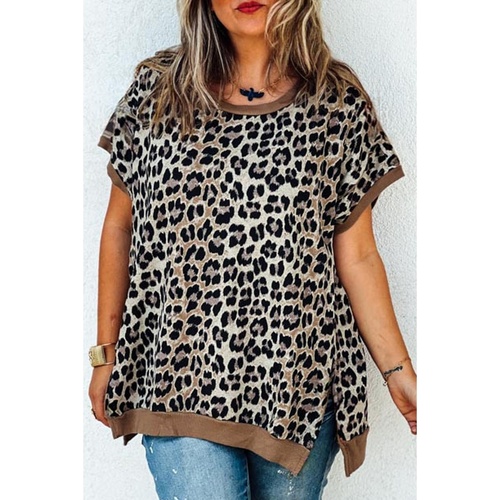 Khaki Leopard Contrast Trim Short Sleeve Loose Plus Size Top - 1X - Main Image