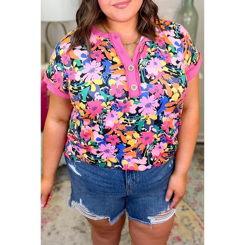 Rose Floral Short Sleeve Contrast Edge Plus Size Henley Top - 1X - Main Image