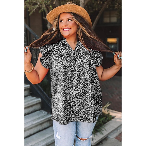 Black Rose Floral Print Ruffle Sleeve Plus Size Shift Top - 3X - Main Image