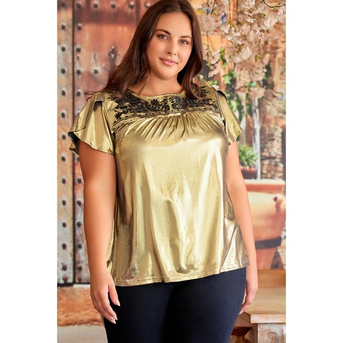 Gold Plus Size Floral Embroidered Short Sleeve Top - 2X - Main Image