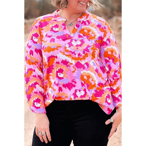 Pink Plus Size Abstract Floral Print V Neck Blouse - 2X - Main Image