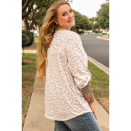 Apricot Leopard Tab Sleeve V Neck Plus Size Top - 1X - Main Image