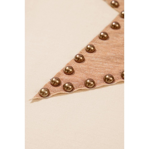 Beige Star Shape Studded Crew Neck Plus Size T Shirt - 4X - Main Image