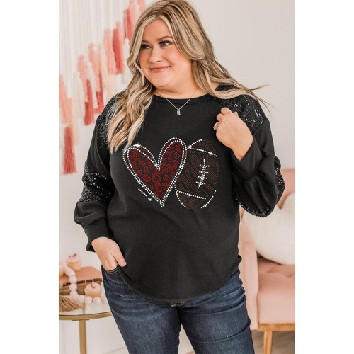 Black Rhinestone Heart Rugby Football Pattern Sequin Patched Sleeve Plus Size Top - 2X - Main Image