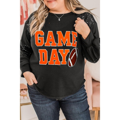 Black Game Day Rugby Football Graphic Sequin Patchwork Sleeve Plus Size Top - 2X - Main Image
