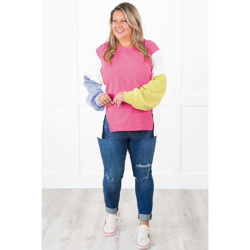Rose Red Colorblock Patchwork Striped Puff Sleeve Plus Size Top with Slits - 1X - Main Image