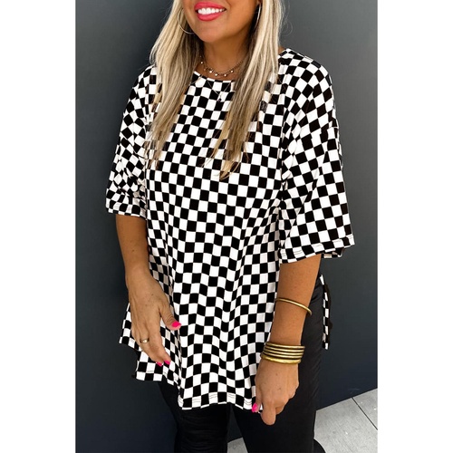 Black Checkered Print Side Slits O Neck Plus Size T Shirt - 2X - Main Image