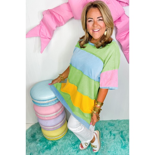 Light Blue Color Block Exposed Seam Patchwork Plus Size T Shirt - 4X - Main Image